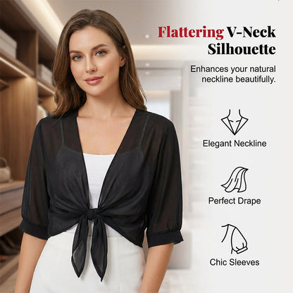 📢50 % DE RÉDUCTION⏰Top/Blouse Femme en Chiffon Transparent à Nœud Devant – Coupe Courte, Décolleté en V, Style Romantique & Élégant, Parfait pour Superposition🍷