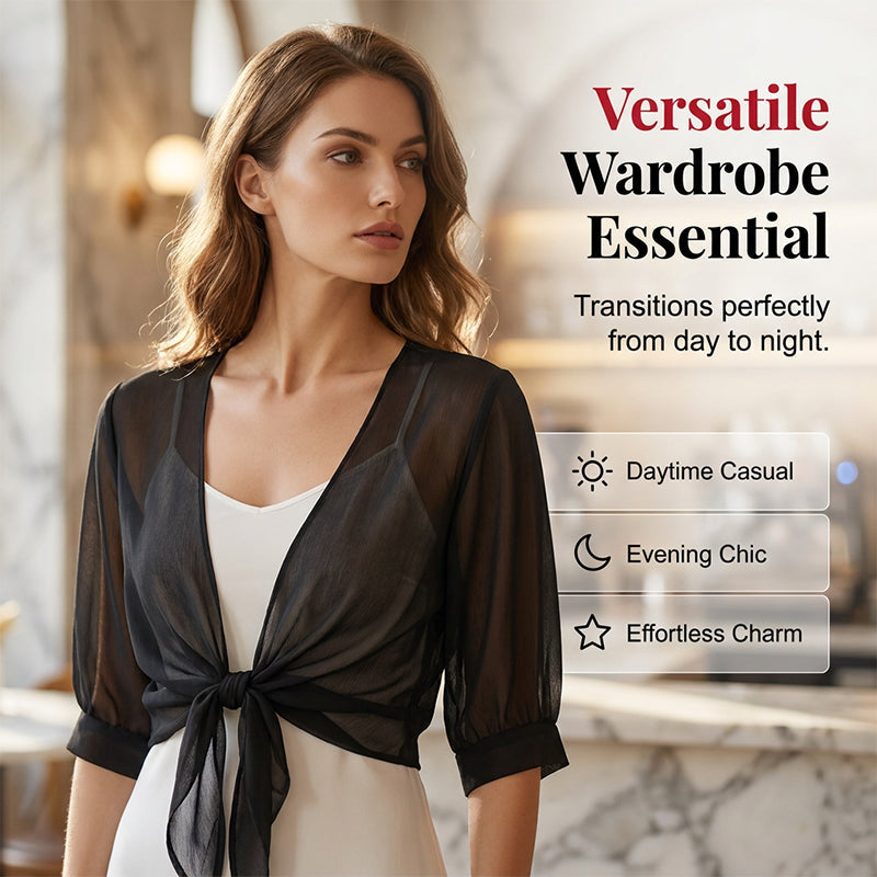 📢50 % DE RÉDUCTION⏰Top/Blouse Femme en Chiffon Transparent à Nœud Devant – Coupe Courte, Décolleté en V, Style Romantique & Élégant, Parfait pour Superposition🍷