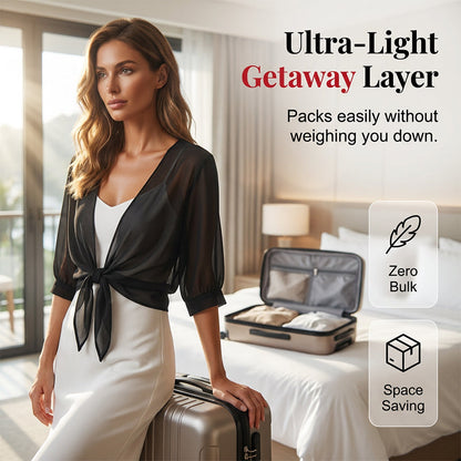 📢50 % DE RÉDUCTION⏰Top/Blouse Femme en Chiffon Transparent à Nœud Devant – Coupe Courte, Décolleté en V, Style Romantique & Élégant, Parfait pour Superposition🍷