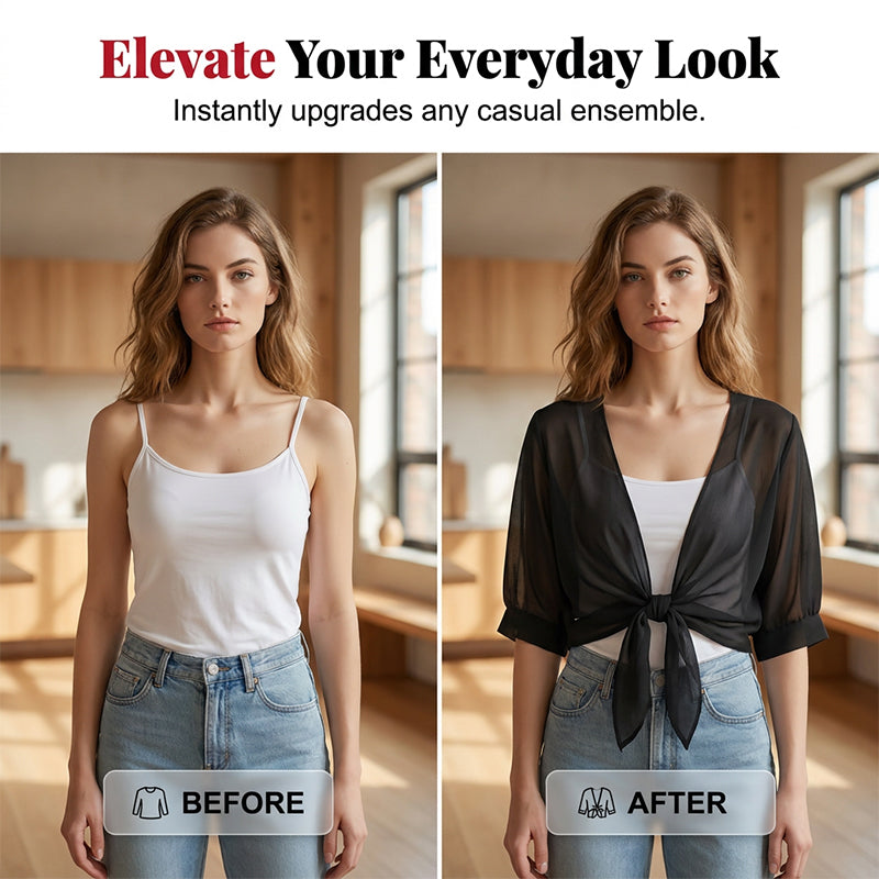 📢50 % DE RÉDUCTION⏰Top/Blouse Femme en Chiffon Transparent à Nœud Devant – Coupe Courte, Décolleté en V, Style Romantique & Élégant, Parfait pour Superposition🍷