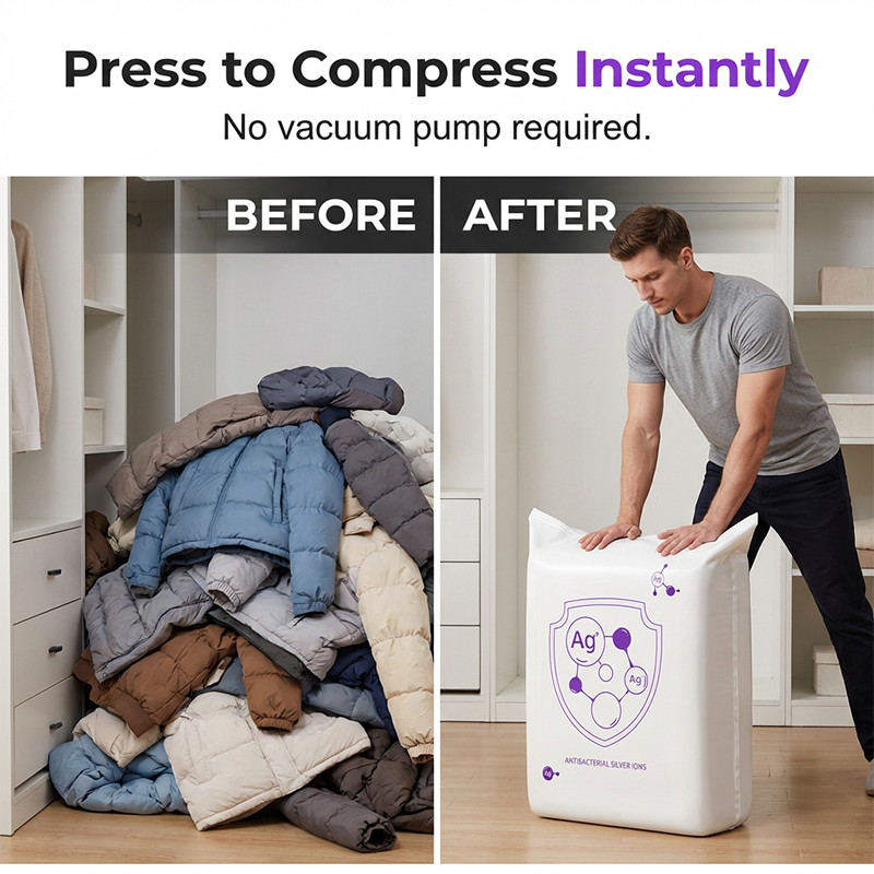 🧺📦 PROMO FLASH 50% ! Sacs de Rangement Sous Vide pour Maison – Compression par Pression, Technologie Ions d'Argent Antibactérienne, 2 Tailles, Gain de Place Maximal ✨