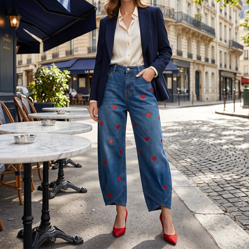Jean Baggy Femme à Imprimé Cœurs