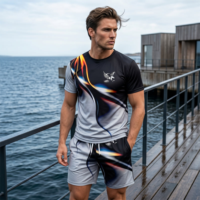 👕 50% DE RÉDUCTION 🩳 Ensemble T-shirt et short à imprimé abstrait pour homme – Léger, respirant & coupe décontractée – parfait pour l’été, le sport ou les journées décontractées – look moderne et unique 🎨