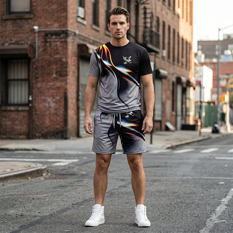👕 50% DE RÉDUCTION 🩳 Ensemble T-shirt et short à imprimé abstrait pour homme – Léger, respirant & coupe décontractée – parfait pour l’été, le sport ou les journées décontractées – look moderne et unique 🎨