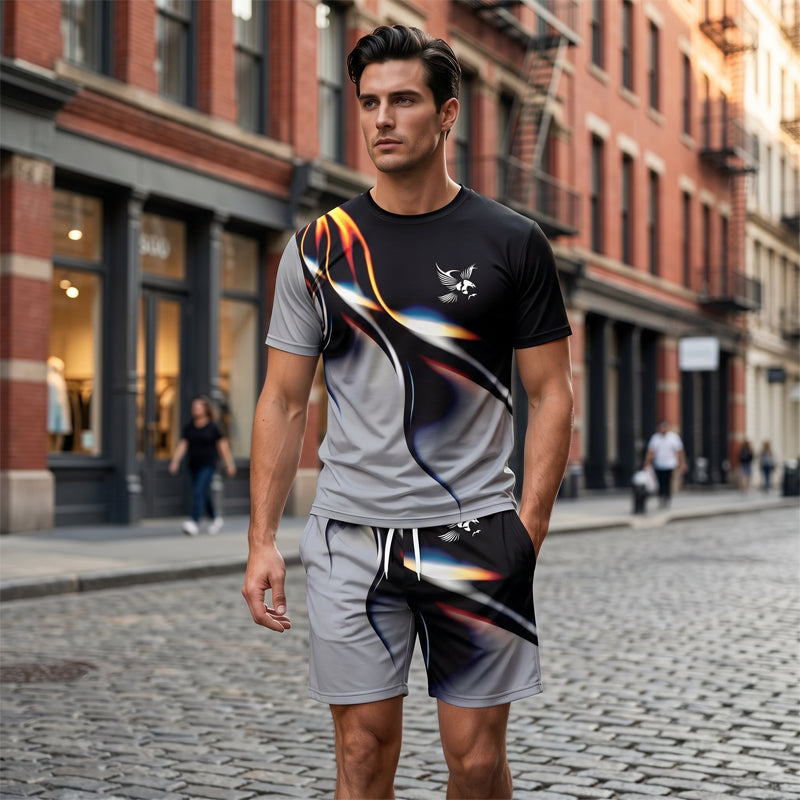 👕 50% DE RÉDUCTION 🩳 Ensemble T-shirt et short à imprimé abstrait pour homme – Léger, respirant & coupe décontractée – parfait pour l’été, le sport ou les journées décontractées – look moderne et unique 🎨