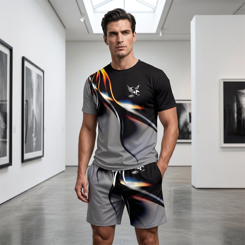 👕 50% DE RÉDUCTION 🩳 Ensemble T-shirt et short à imprimé abstrait pour homme – Léger, respirant & coupe décontractée – parfait pour l’été, le sport ou les journées décontractées – look moderne et unique 🎨