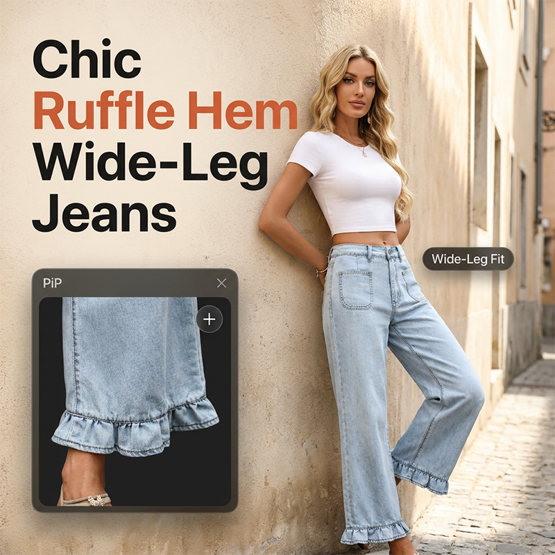 Jean à jambes larges et ourlet à volants pour femme