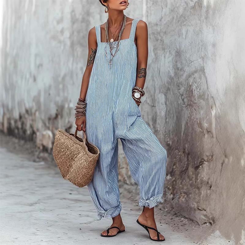 👗🌊 Offre à durée limitée : 50 % de réduction ! Combinaison pantalon rayée à fines bretelles pour femme ☀️