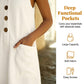 Robe sans manches en coton et lin à col rond, couleur unie, pour femme
