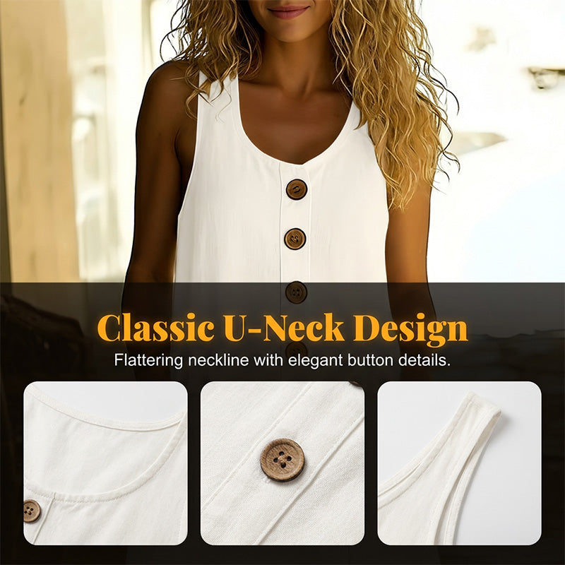 Robe sans manches en coton et lin à col rond, couleur unie, pour femme