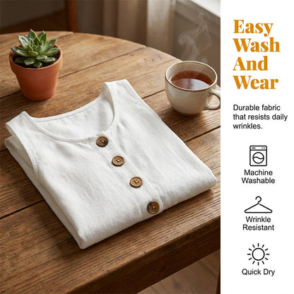 Robe sans manches en coton et lin à col rond, couleur unie, pour femme