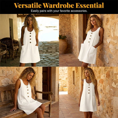 Robe sans manches en coton et lin à col rond, couleur unie, pour femme