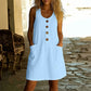 Robe sans manches en coton et lin à col rond, couleur unie, pour femme