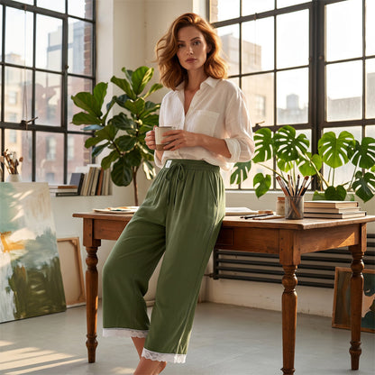 👖 Pantalon 7/8 ample femme, avec dentelle & poches - Confort & Élégance ✨