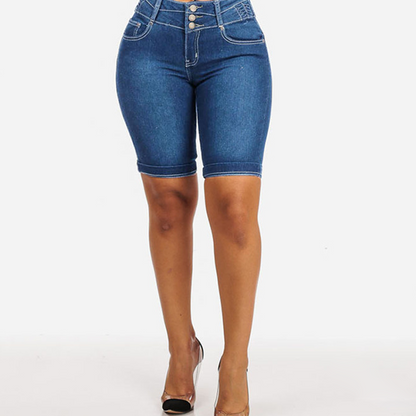 Short en jean extensible à taille haute pour femme