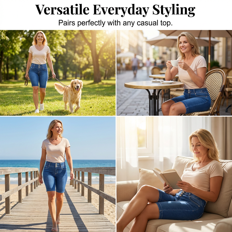 Short en jean extensible à taille haute pour femme