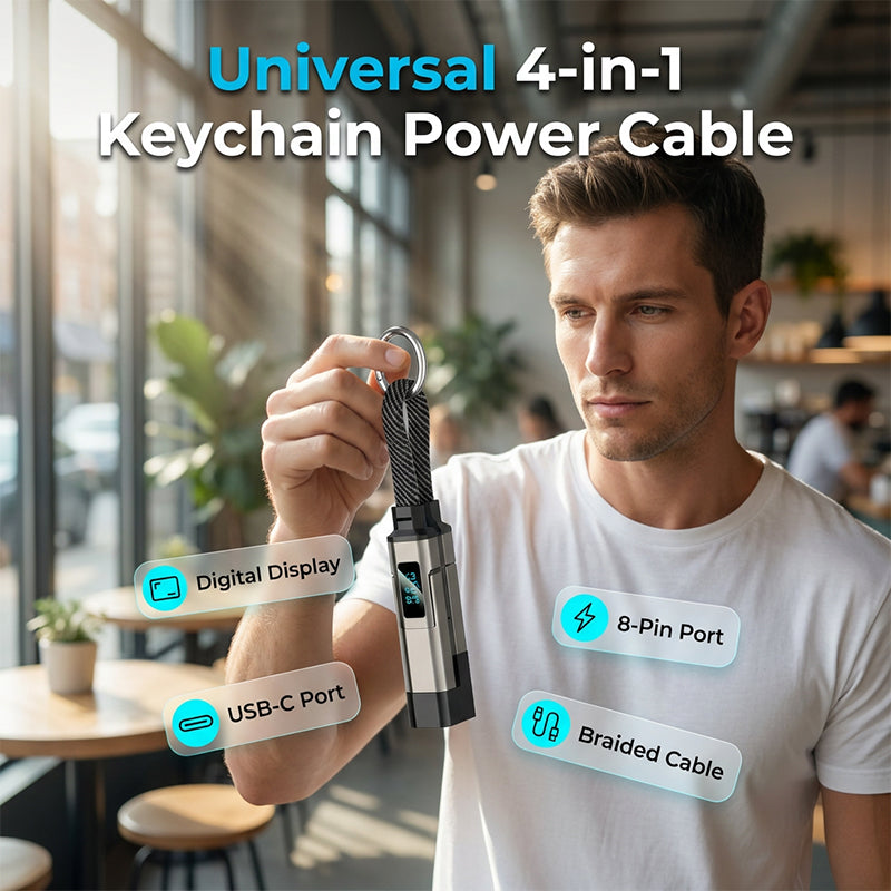 💥 Offre spéciale : Achetez 2, recevez 1 GRATUIT !🔌 Câble de charge 4 en 1 avec affichage numérique et anneau porte-clés – charge rapide, résistant aux nœuds et compact