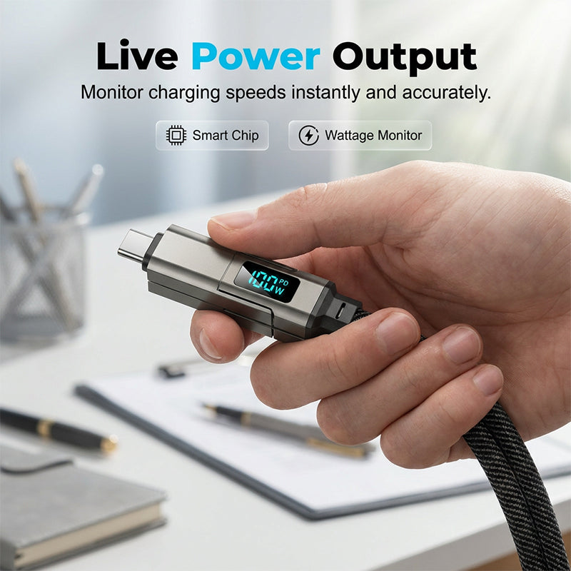💥 Offre spéciale : Achetez 2, recevez 1 GRATUIT !🔌 Câble de charge 4 en 1 avec affichage numérique et anneau porte-clés – charge rapide, résistant aux nœuds et compact