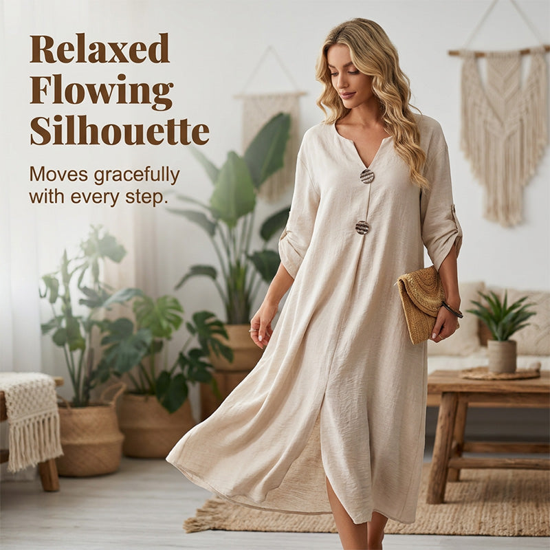 Robe midi pour femme au style décontracté, avec un décolleté en V et des boutons décoratifs