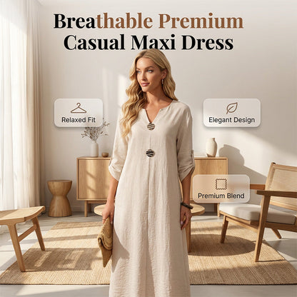 Robe midi pour femme au style décontracté, avec un décolleté en V et des boutons décoratifs