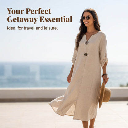 Robe midi pour femme au style décontracté, avec un décolleté en V et des boutons décoratifs