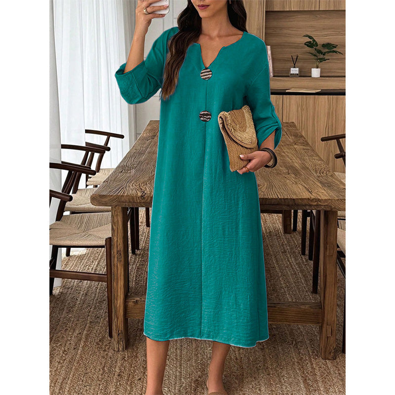 Robe midi pour femme au style décontracté, avec un décolleté en V et des boutons décoratifs