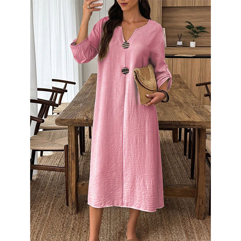 Robe midi pour femme au style décontracté, avec un décolleté en V et des boutons décoratifs