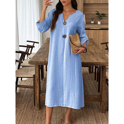 Robe midi pour femme au style décontracté, avec un décolleté en V et des boutons décoratifs