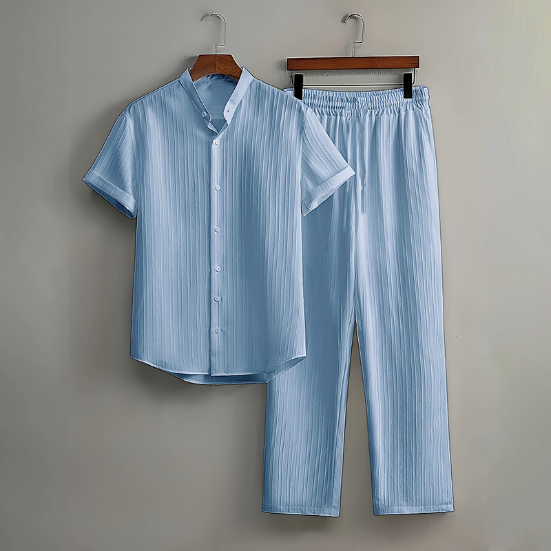 👔🔥 PROMOTION FLASH 50% ! ✨ Ensemble Homme 2 Pièces Texturé – Chemise & Pantalon Décontracté, Coupe Coordonnée & Respirante 🧳