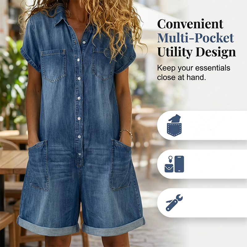 Combishort femme décontracté en jean à manches courtes