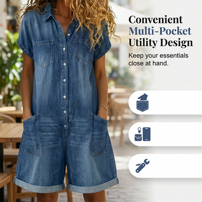 Combishort femme décontracté en jean à manches courtes