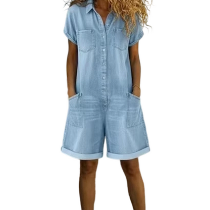Combishort femme décontracté en jean à manches courtes