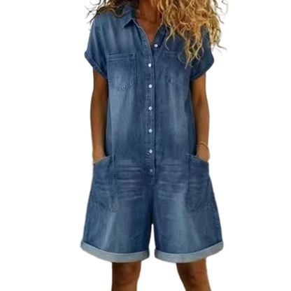Combishort femme décontracté en jean à manches courtes