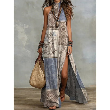 Robe longue fluide sans manches à imprimé floral pour femme