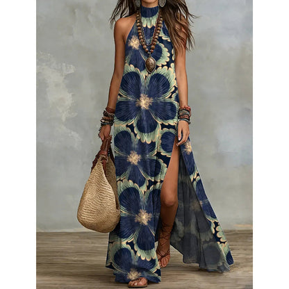 Robe longue fluide sans manches à imprimé floral pour femme