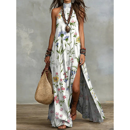 Robe longue fluide sans manches à imprimé floral pour femme