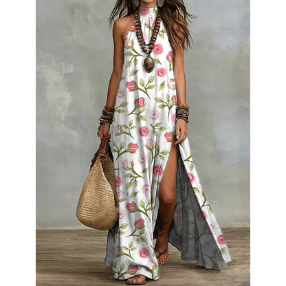 Robe longue fluide sans manches à imprimé floral pour femme