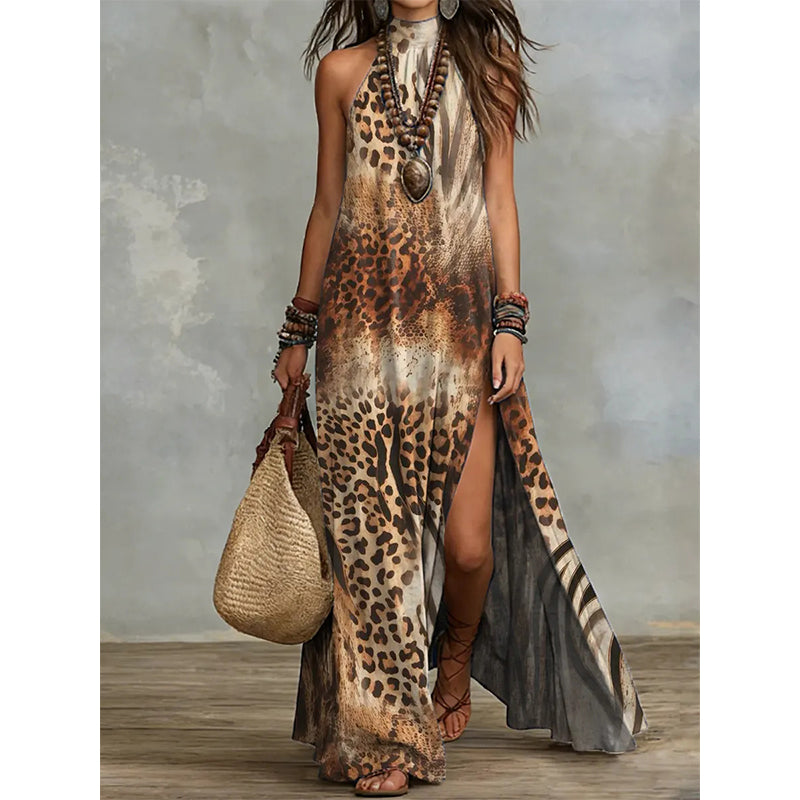 Robe longue fluide sans manches à imprimé floral pour femme