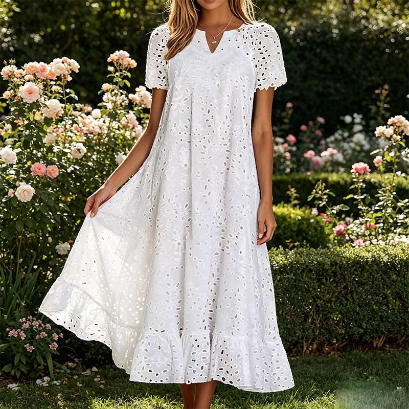 👗🌺 PROMO FLASH 50% ! Robe Femme Élégante à Manches Courtes et Col en V – Tissu Ajouré, Poches Latérales, Coupe A, 5 Couleurs, Lavable Machine, Polyvalente pour Tous Occasions ✨