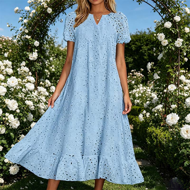 👗🌺 PROMO FLASH 50% ! Robe Femme Élégante à Manches Courtes et Col en V – Tissu Ajouré, Poches Latérales, Coupe A, 5 Couleurs, Lavable Machine, Polyvalente pour Tous Occasions ✨