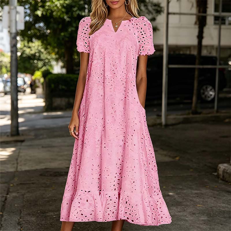 👗🌺 PROMO FLASH 50% ! Robe Femme Élégante à Manches Courtes et Col en V – Tissu Ajouré, Poches Latérales, Coupe A, 5 Couleurs, Lavable Machine, Polyvalente pour Tous Occasions ✨
