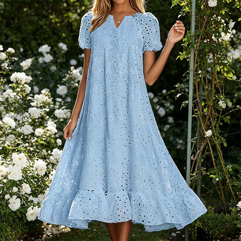 👗🌺 PROMO FLASH 50% ! Robe Femme Élégante à Manches Courtes et Col en V – Tissu Ajouré, Poches Latérales, Coupe A, 5 Couleurs, Lavable Machine, Polyvalente pour Tous Occasions ✨