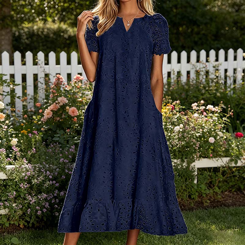 👗🌺 PROMO FLASH 50% ! Robe Femme Élégante à Manches Courtes et Col en V – Tissu Ajouré, Poches Latérales, Coupe A, 5 Couleurs, Lavable Machine, Polyvalente pour Tous Occasions ✨