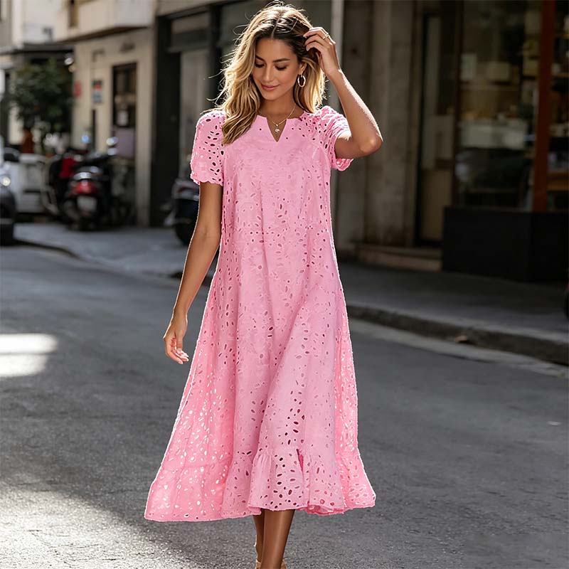 👗🌺 PROMO FLASH 50% ! Robe Femme Élégante à Manches Courtes et Col en V – Tissu Ajouré, Poches Latérales, Coupe A, 5 Couleurs, Lavable Machine, Polyvalente pour Tous Occasions ✨