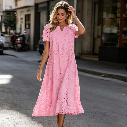👗🌺 PROMO FLASH 50% ! Robe Femme Élégante à Manches Courtes et Col en V – Tissu Ajouré, Poches Latérales, Coupe A, 5 Couleurs, Lavable Machine, Polyvalente pour Tous Occasions ✨