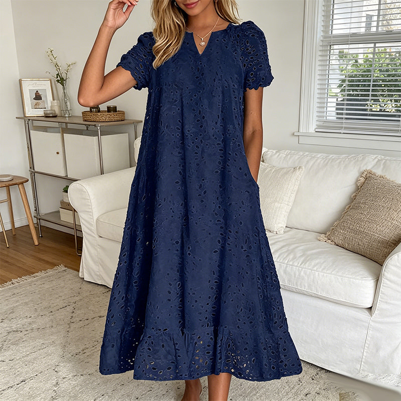 👗🌺 PROMO FLASH 50% ! Robe Femme Élégante à Manches Courtes et Col en V – Tissu Ajouré, Poches Latérales, Coupe A, 5 Couleurs, Lavable Machine, Polyvalente pour Tous Occasions ✨