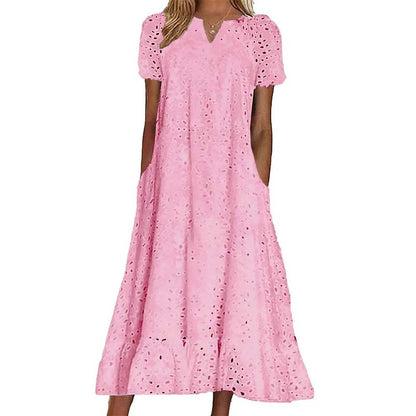 👗🌺 PROMO FLASH 50% ! Robe Femme Élégante à Manches Courtes et Col en V – Tissu Ajouré, Poches Latérales, Coupe A, 5 Couleurs, Lavable Machine, Polyvalente pour Tous Occasions ✨