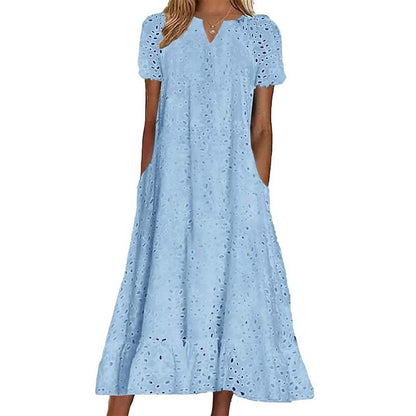 👗🌺 PROMO FLASH 50% ! Robe Femme Élégante à Manches Courtes et Col en V – Tissu Ajouré, Poches Latérales, Coupe A, 5 Couleurs, Lavable Machine, Polyvalente pour Tous Occasions ✨