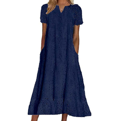 👗🌺 PROMO FLASH 50% ! Robe Femme Élégante à Manches Courtes et Col en V – Tissu Ajouré, Poches Latérales, Coupe A, 5 Couleurs, Lavable Machine, Polyvalente pour Tous Occasions ✨