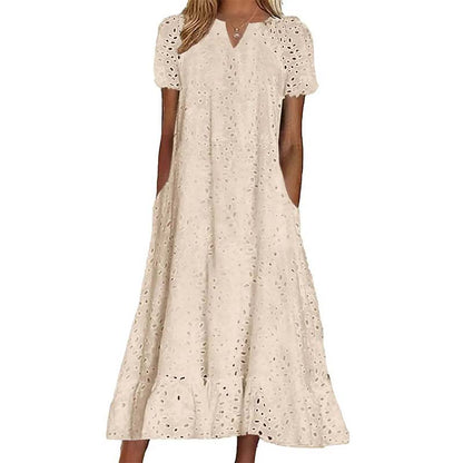 👗🌺 PROMO FLASH 50% ! Robe Femme Élégante à Manches Courtes et Col en V – Tissu Ajouré, Poches Latérales, Coupe A, 5 Couleurs, Lavable Machine, Polyvalente pour Tous Occasions ✨